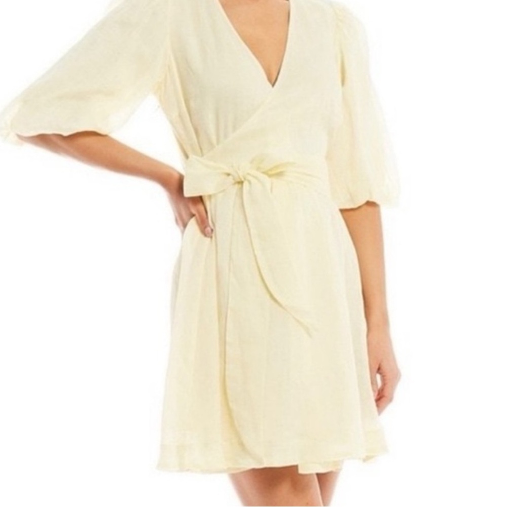 EVERY Butter Yellow Short Puff Sleeve Tie Waist Wrap Mini Dress - Picture 9 of 9
